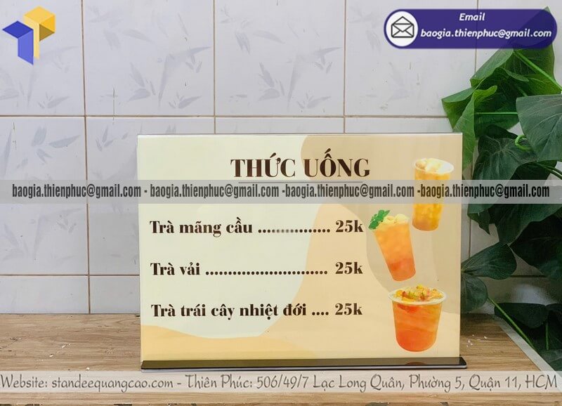 Báo giá bảng menu để bàn bằng mica cho quán nước