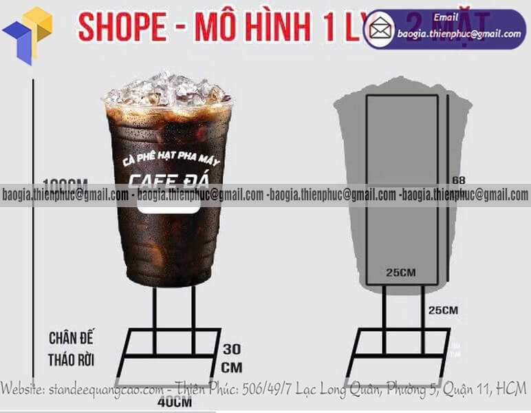 Đặt standee mô hình ly cafe đá in hai mặt ngoài trời quảng cáo cho chủ quán bán cafe mang đi