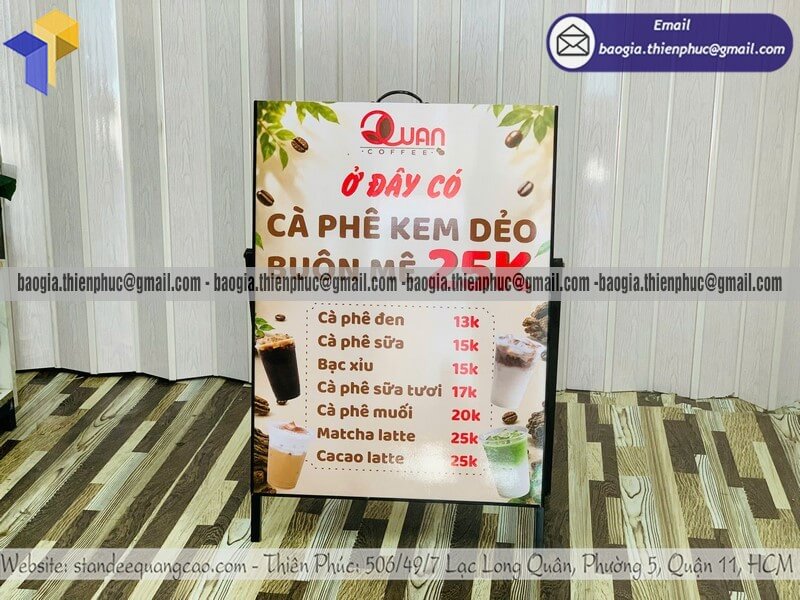 Standee in menu 1 mặt khung sắt bán cafe vỉa hè